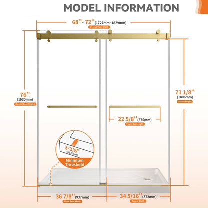 72" W x 76" H Frameless Sliding Shower Door, 4" Adjustable, Reversible KDS-7276-BG-W
