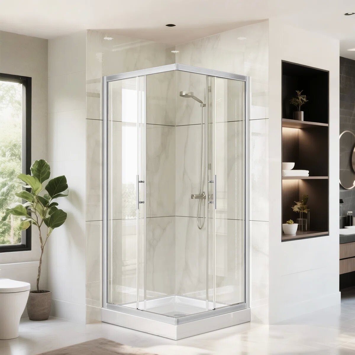 33 7/8" D x 33 7/8" W x 72" H Corner Pivot Shower Door – Brushed Nickel, 1/4" (6mm) ANSI Tempered Glass, Easy-Clean, Quick Release