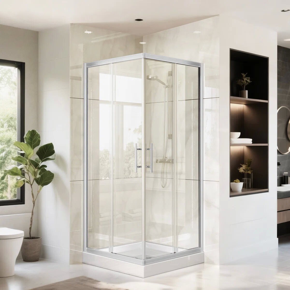 33 7/8" D x 33 7/8" W x 72" H Corner Pivot Shower Door – Brushed Nickel, 1/4" (6mm) ANSI Tempered Glass, Easy-Clean, Quick Release