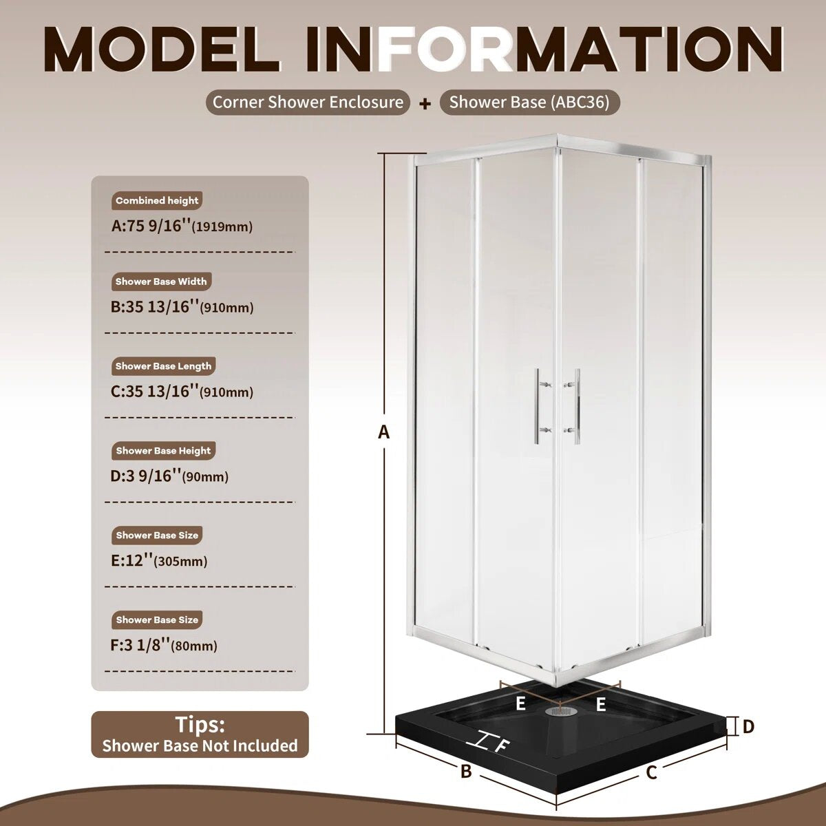33 7/8" D x 33 7/8" W x 72" H Corner Pivot Shower Door – Brushed Nickel, 1/4" (6mm) ANSI Tempered Glass, Easy-Clean, Quick Release