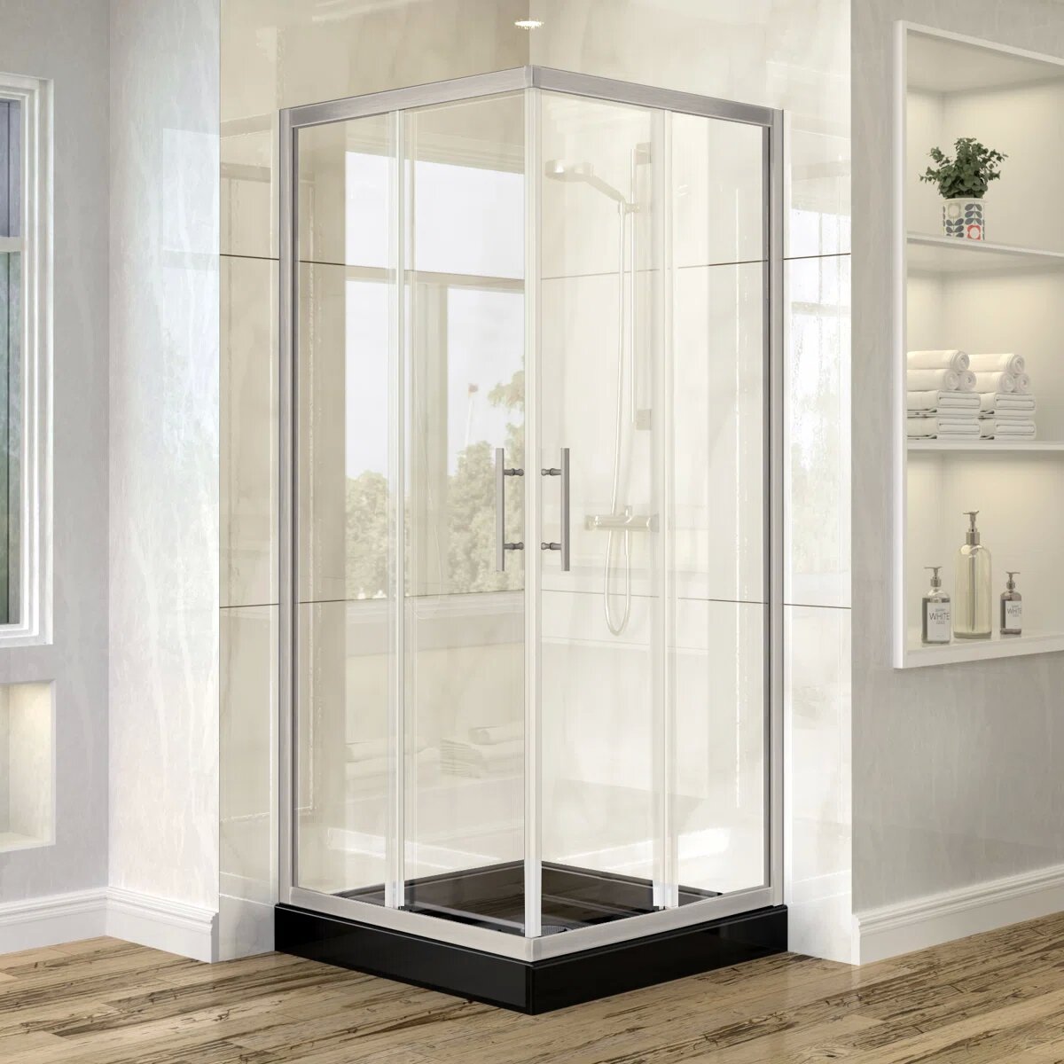 33 7/8" D x 33 7/8" W x 72" H Corner Pivot Shower Door – Brushed Nickel, 1/4" (6mm) ANSI Tempered Glass, Easy-Clean, Quick Release