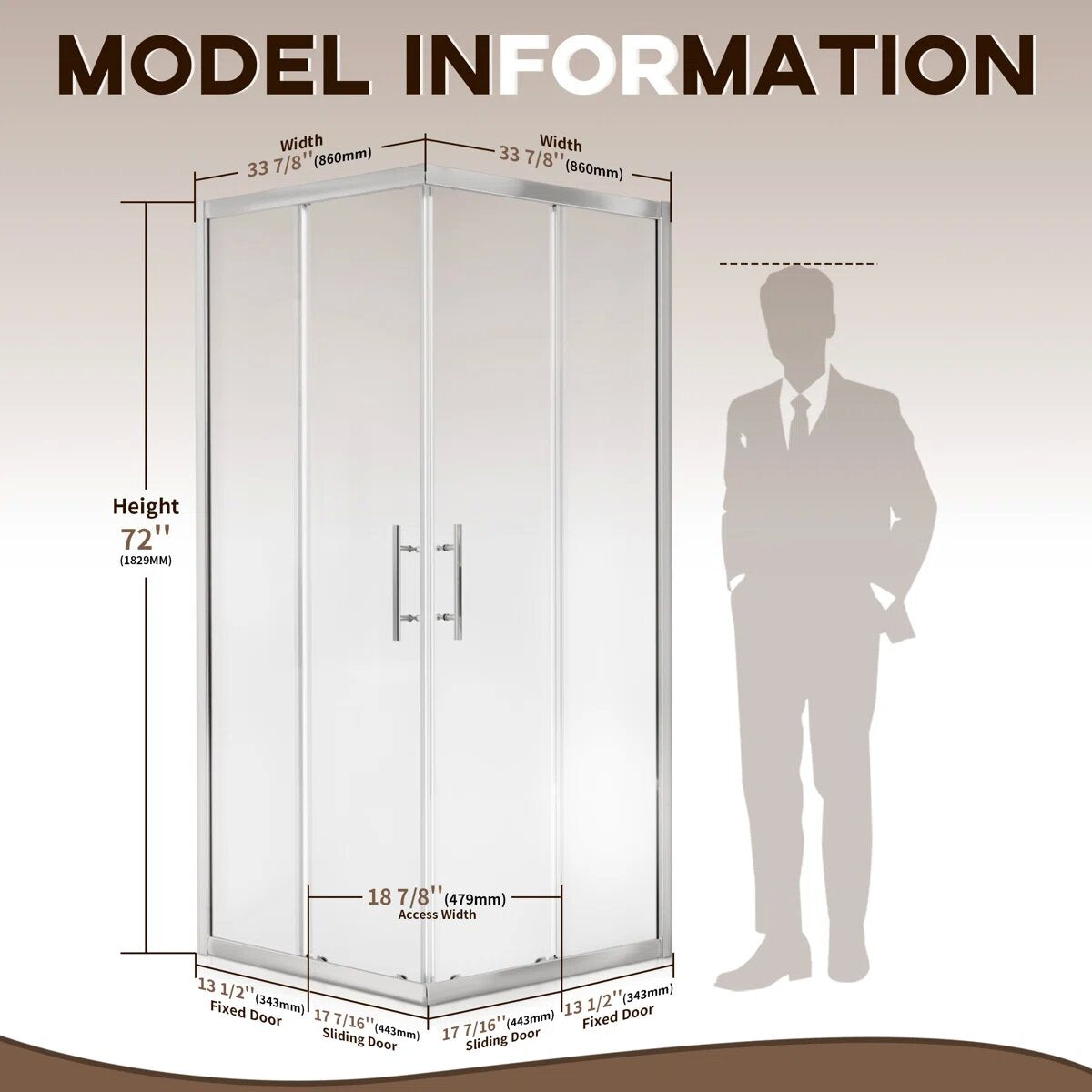 33 7/8" D x 33 7/8" W x 72" H Corner Pivot Shower Door – Brushed Nickel, 1/4" (6mm) ANSI Tempered Glass, Easy-Clean, Quick Release