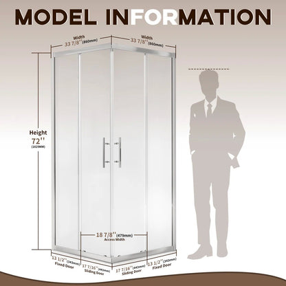 33 7/8" D x 33 7/8" W x 72" H Corner Pivot Shower Door – Brushed Nickel, 1/4" (6mm) ANSI Tempered Glass, Easy-Clean, Quick Release