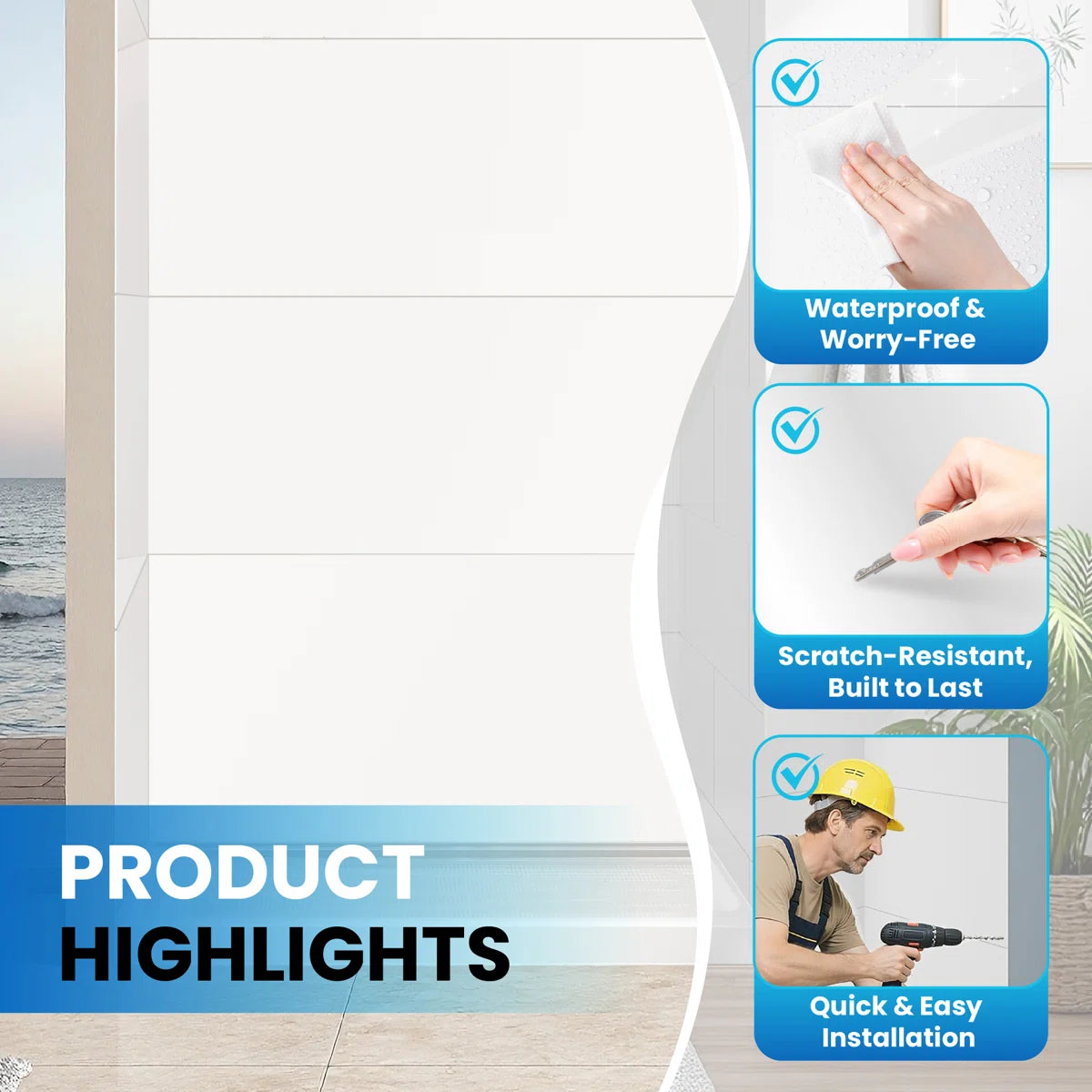 Full-height 8 ft acrylic shower wall panels – easy to install, cut to fit any shower space