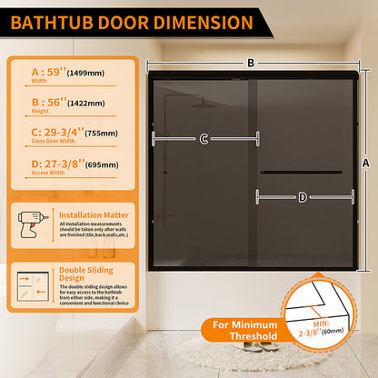iBath Semi-Frameless Double Sliding Tub Door, 59–60 in. W x 56 in. H, Matte Black – BE-5956-MB-G